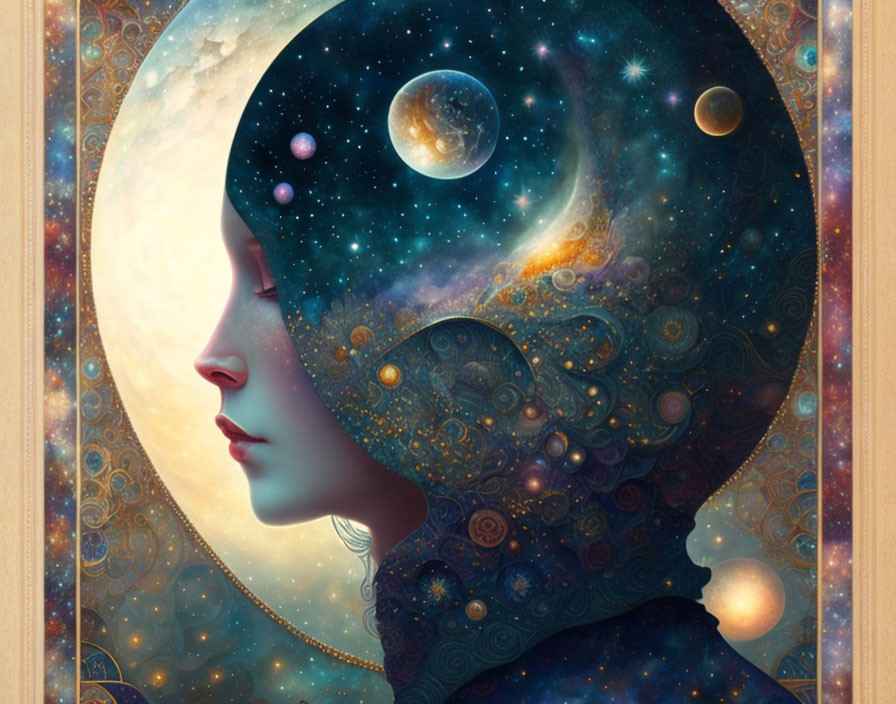 Woman's profile merging with cosmic scene against ornate backdrop