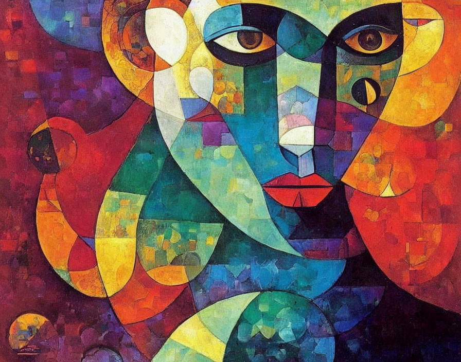 Vivid Abstract Cubist Painting of Fragmented Face