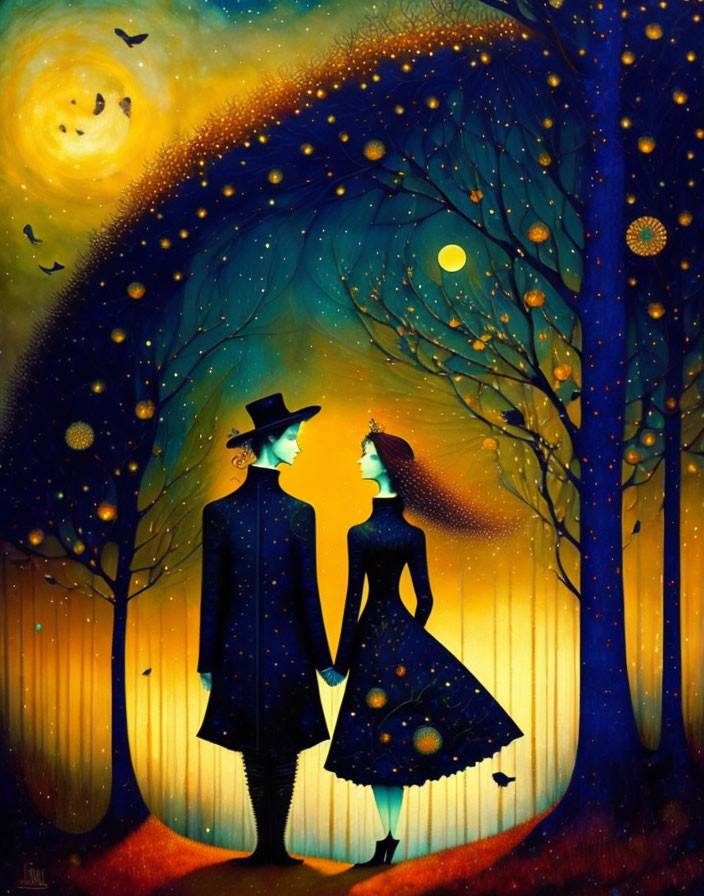 Surreal Forest Scene with Silhouetted Couple