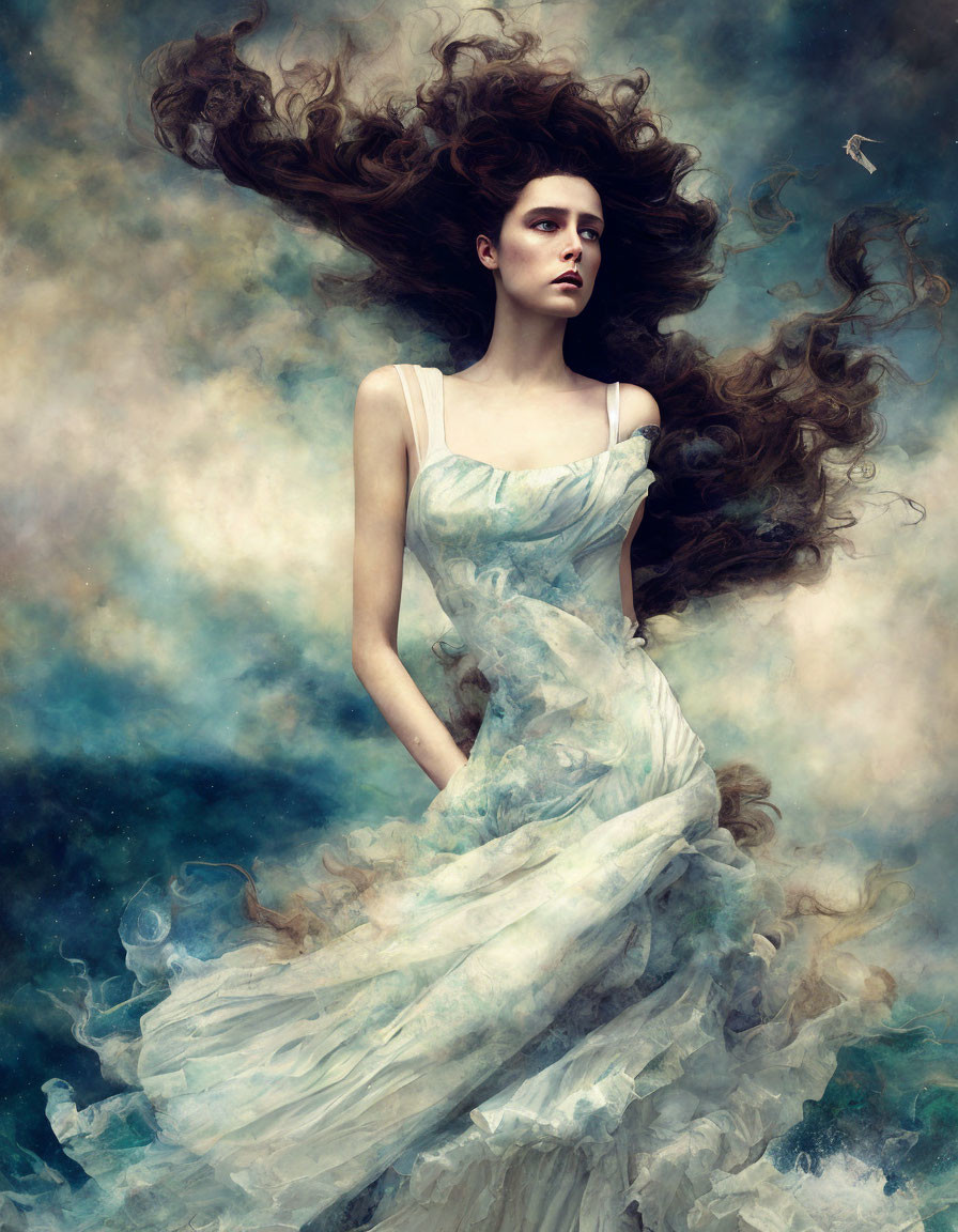 Woman in flowing dress among wispy clouds symbolizes dream-like beauty