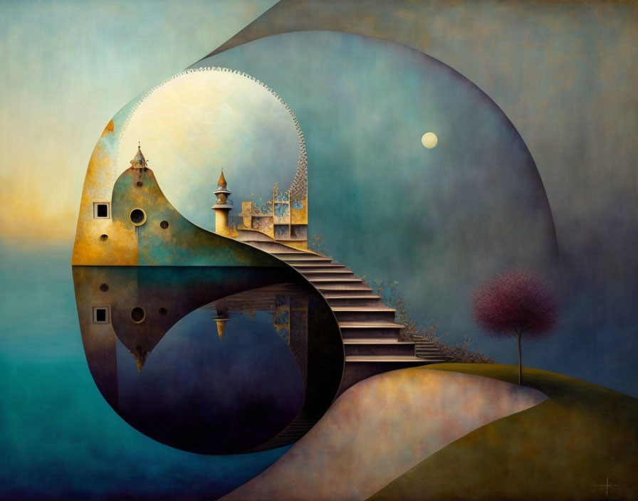 Surreal painting of castle on curved landscape with staircase and red tree