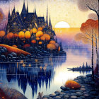 Moonlit Night Fantasy Landscape with Castle, Autumn Trees, River, Stepping Stones, and Glowing