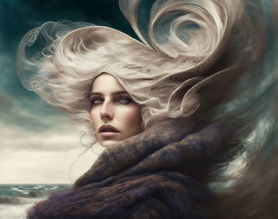 Digital artwork: Woman with white hair and intense eyes in cozy scarf by dramatic ocean.