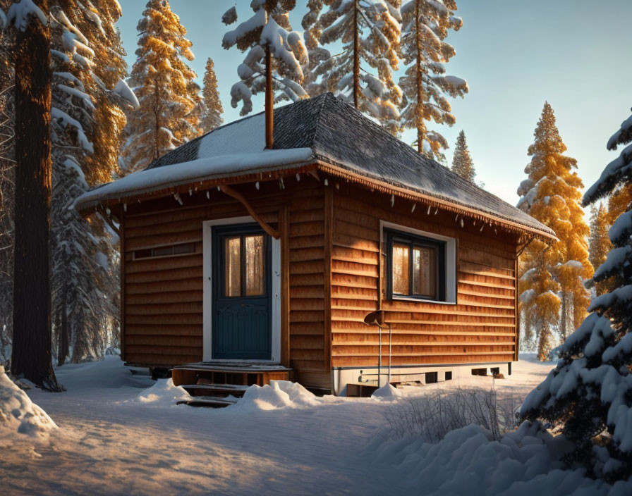 Snowy forest cabin in warm sunlight