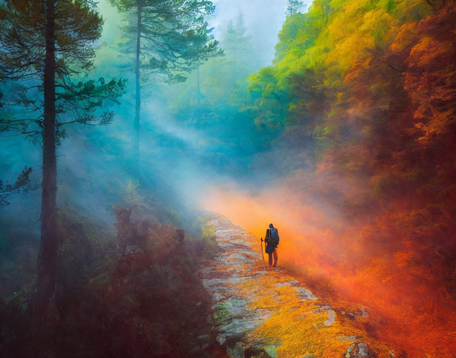 Person walking in misty autumn forest with vibrant colors & sunbeams.