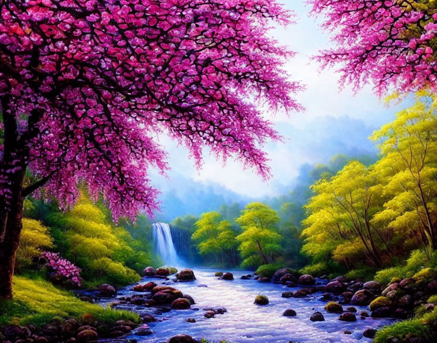 Scenic landscape with pink cherry blossoms, river, waterfall, and lush greenery