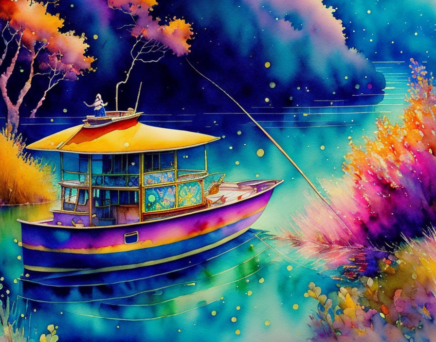 Vibrant Watercolor Illustration: Person Fishing on Boat under Starry Sky