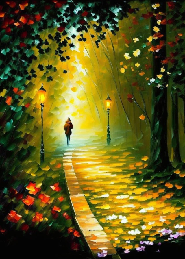 Colorful Path with Trees and Lampposts Leading to Bright Light