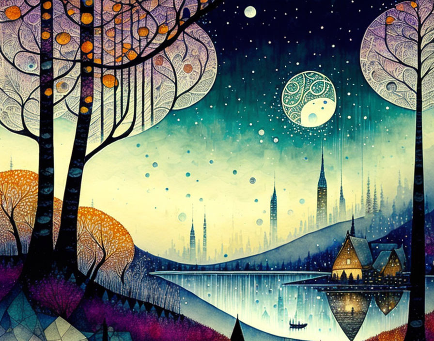 Whimsical night-time cityscape with spired buildings and starry sky