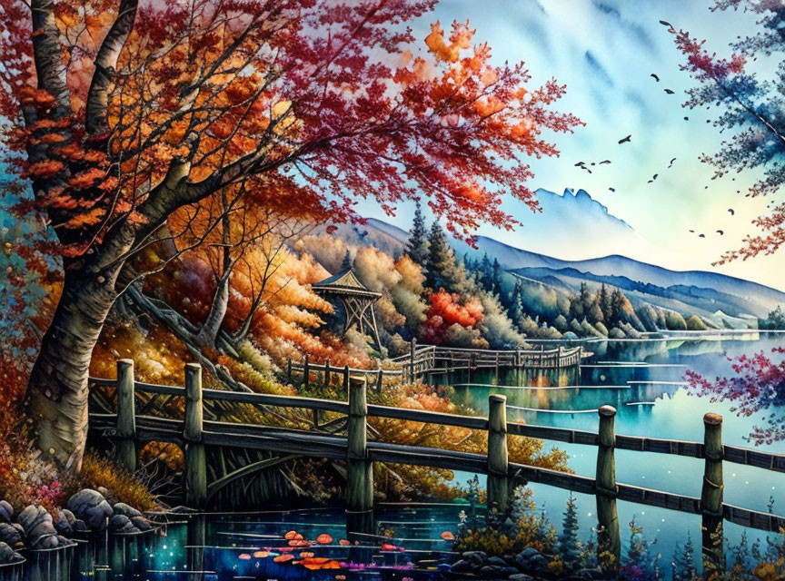 Scenic autumn landscape with wooden bridge, lake, foliage, birds, mountains, and fish.