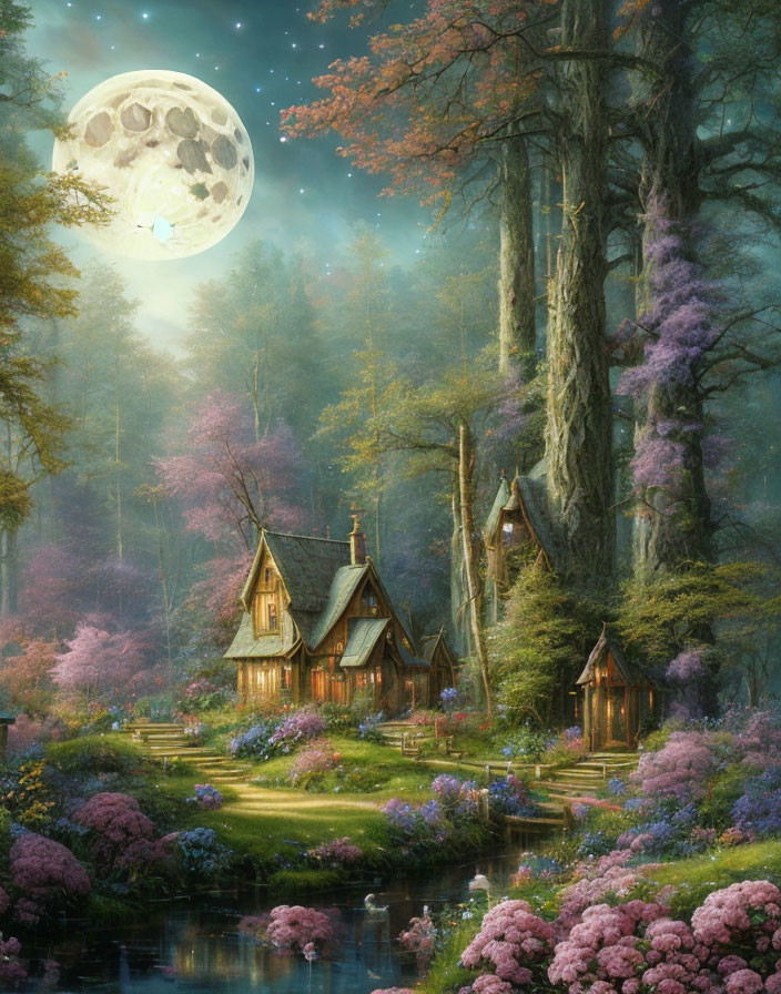 Enchanting forest scene: full moon, cottage, pink and purple flora, tranquil stream