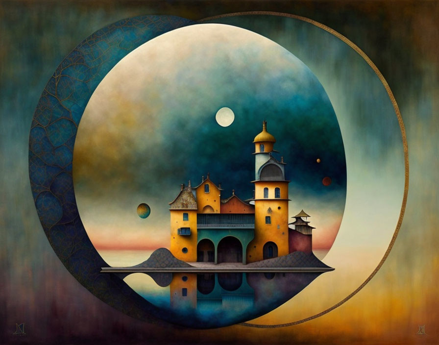 Circular surreal artwork: whimsical castle with towers on reflective surface under dreamy sky with two moons