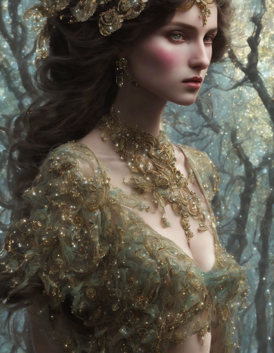 Woman in ornate golden jewelry and gown against forest backdrop