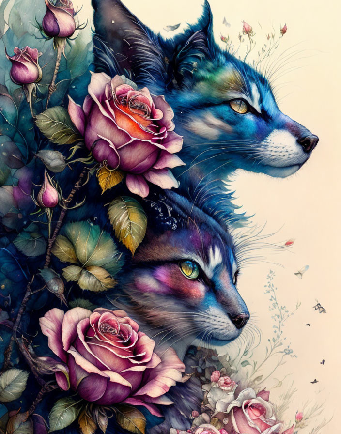 Colorful Fox Faces Merge with Roses and Foliage in Digital Art