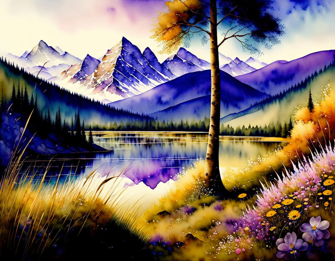 Serene lake scene with lone tree, wildflowers, and mountains