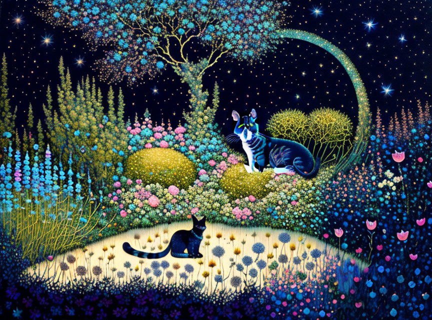 Colorful Cat Illustration in Mystical Garden with Moon and Stars