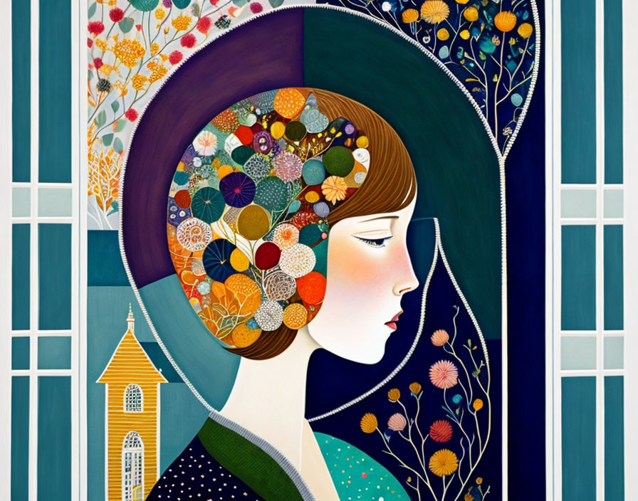 Stylized woman with flora and fauna in hair and hat against windowpane