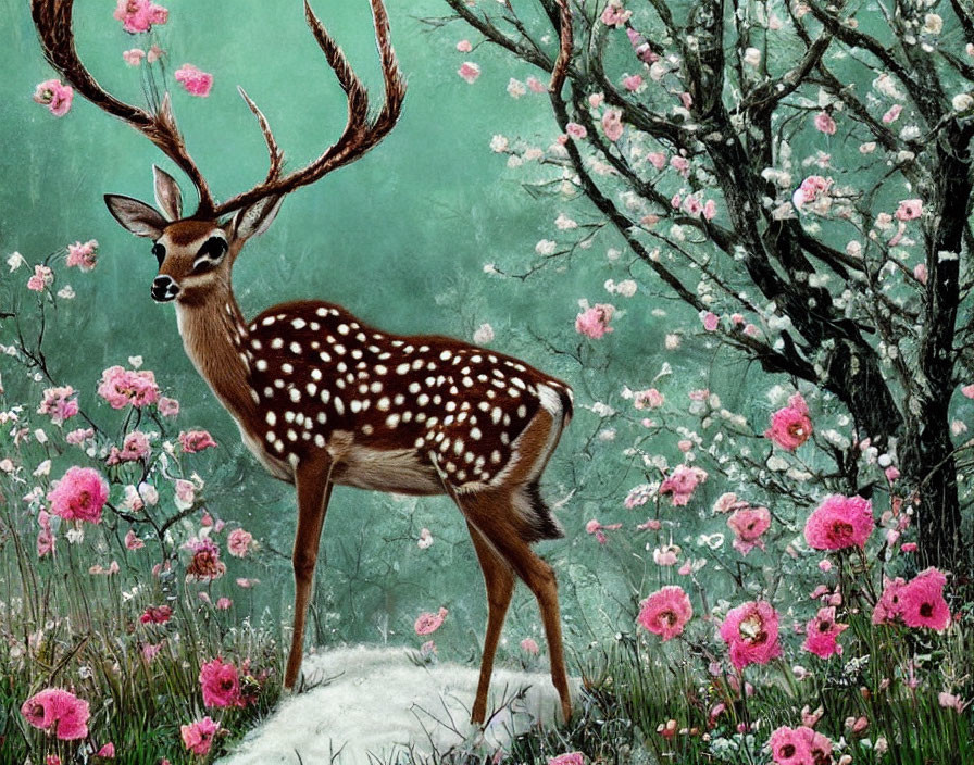 Spotted deer in enchanting floral setting with misty atmosphere