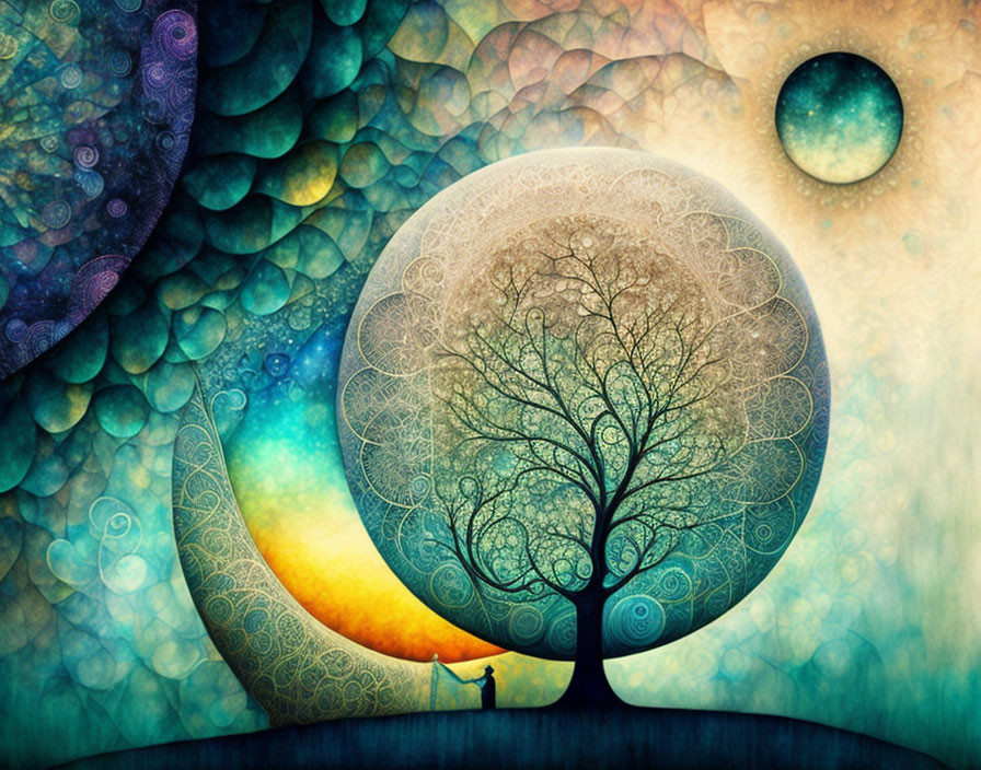 Whimsical art: Stylized tree, crescent moon, vibrant celestial bodies