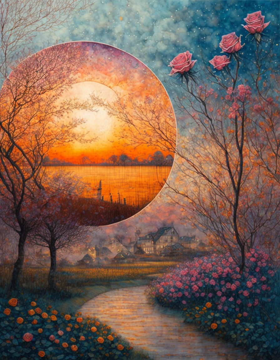 Scenic sunset with moon, roses, lake, trees & village