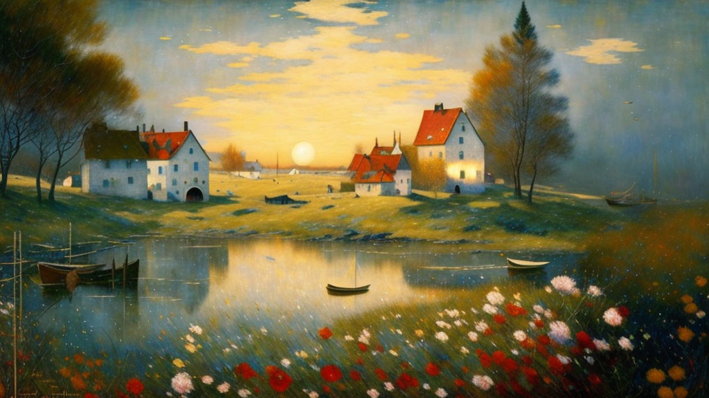 Tranquil landscape: calm lake, boats, houses, flowers, twilight sky.