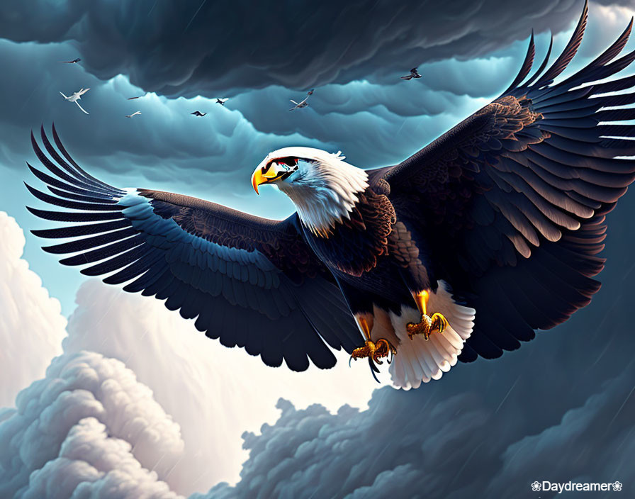 Majestic eagle soaring in dramatic sky with clouds and birds