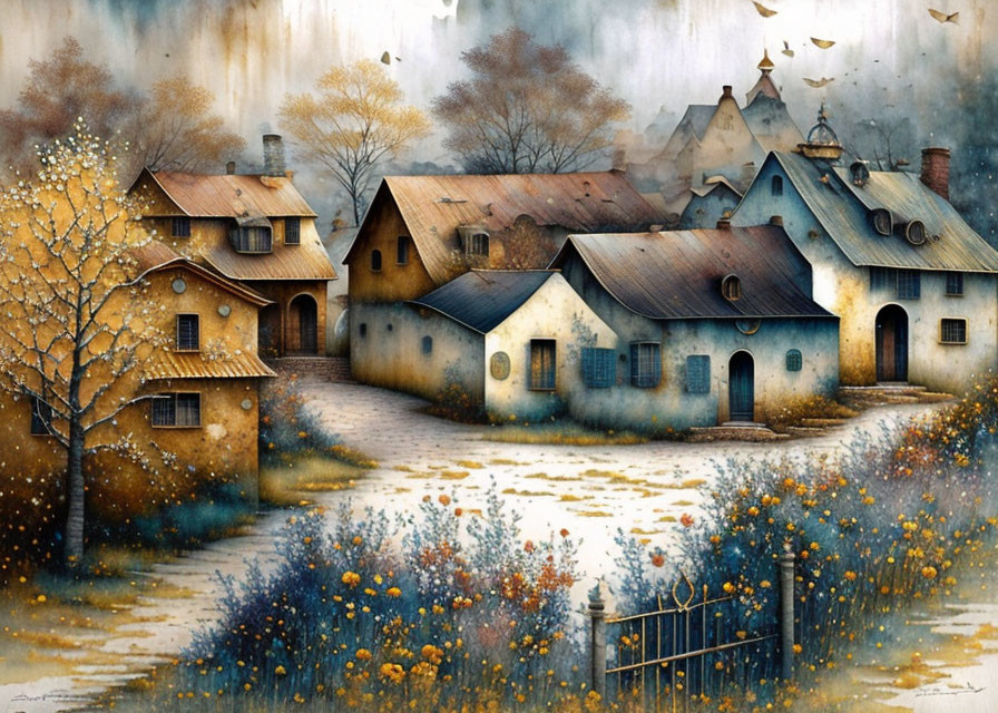 Rustic village scene with castle, autumn foliage.