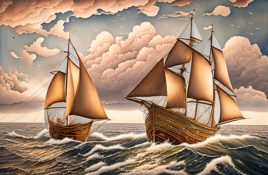 Two ornate sailing ships in turbulent seas under a cloudy sky.