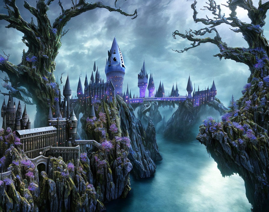 Gothic castle on steep cliffs with stone bridge and mystical purple flora