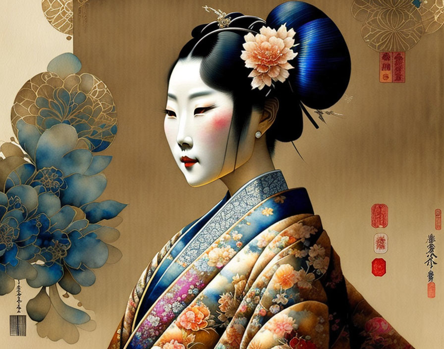 Detailed Geisha Illustration in Traditional Attire & Floral Kimono