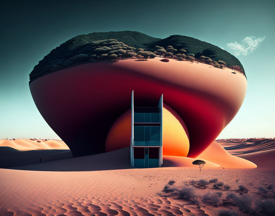 Surreal landscape with large apple-like structure sliced to reveal layers in desert