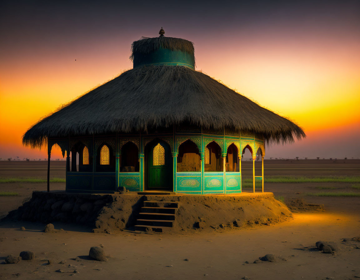 Traditional Thatched-Roof Structure at Sunset in Desert