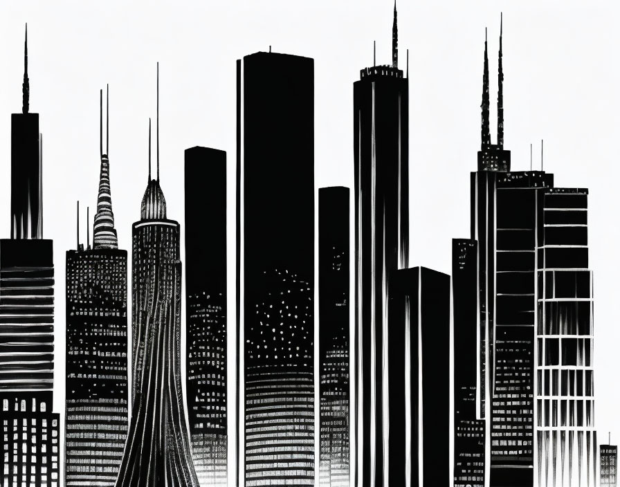 Monochromatic stylized city skyline with modern and iconic skyscrapers.