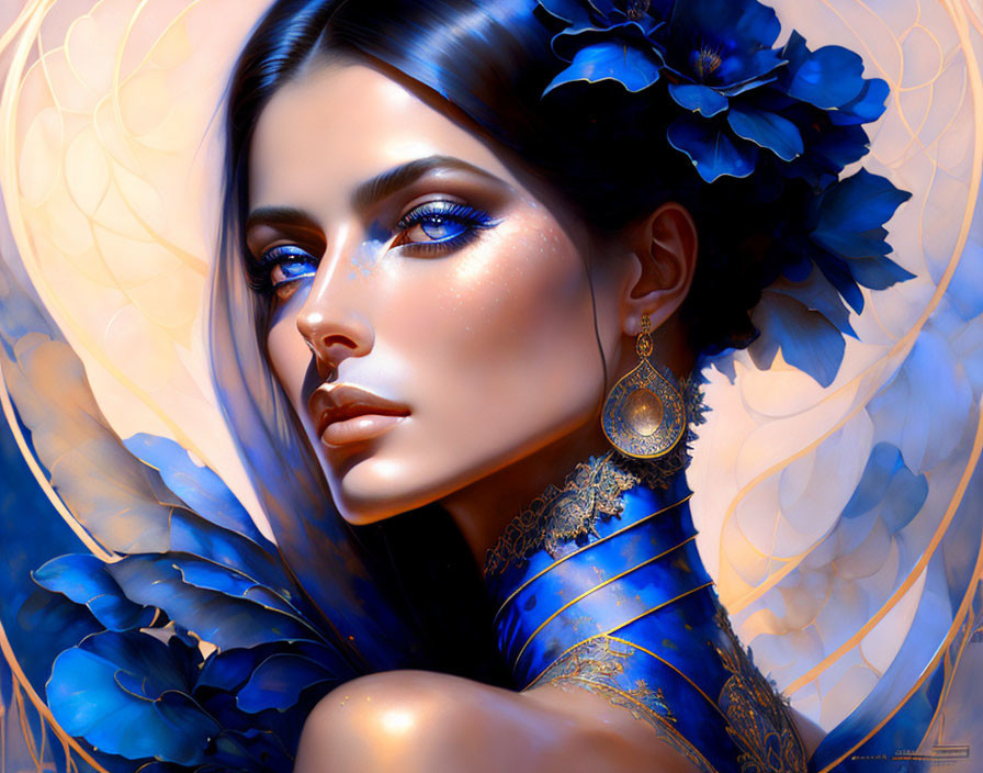 Portrait of woman with blue eyes, blue flowers, ornate earrings, gold-trimmed dress