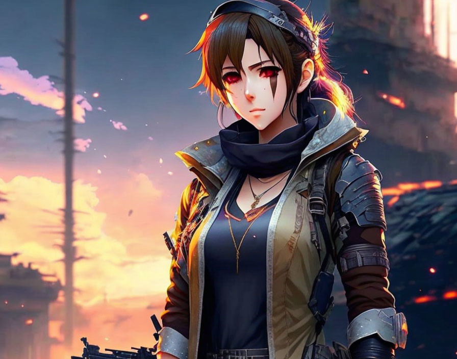 Brown-haired female anime character in tactical attire against fiery backdrop