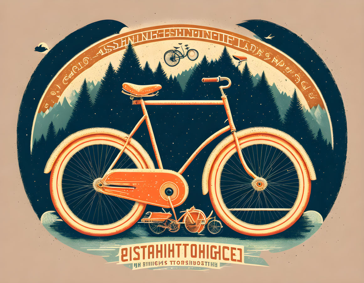 Vintage-style Orange Bicycle Illustration with Adventure Motifs