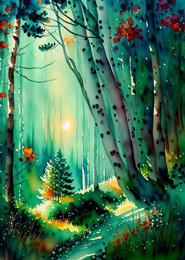 Mystical forest scene with tall trees and glowing tree center