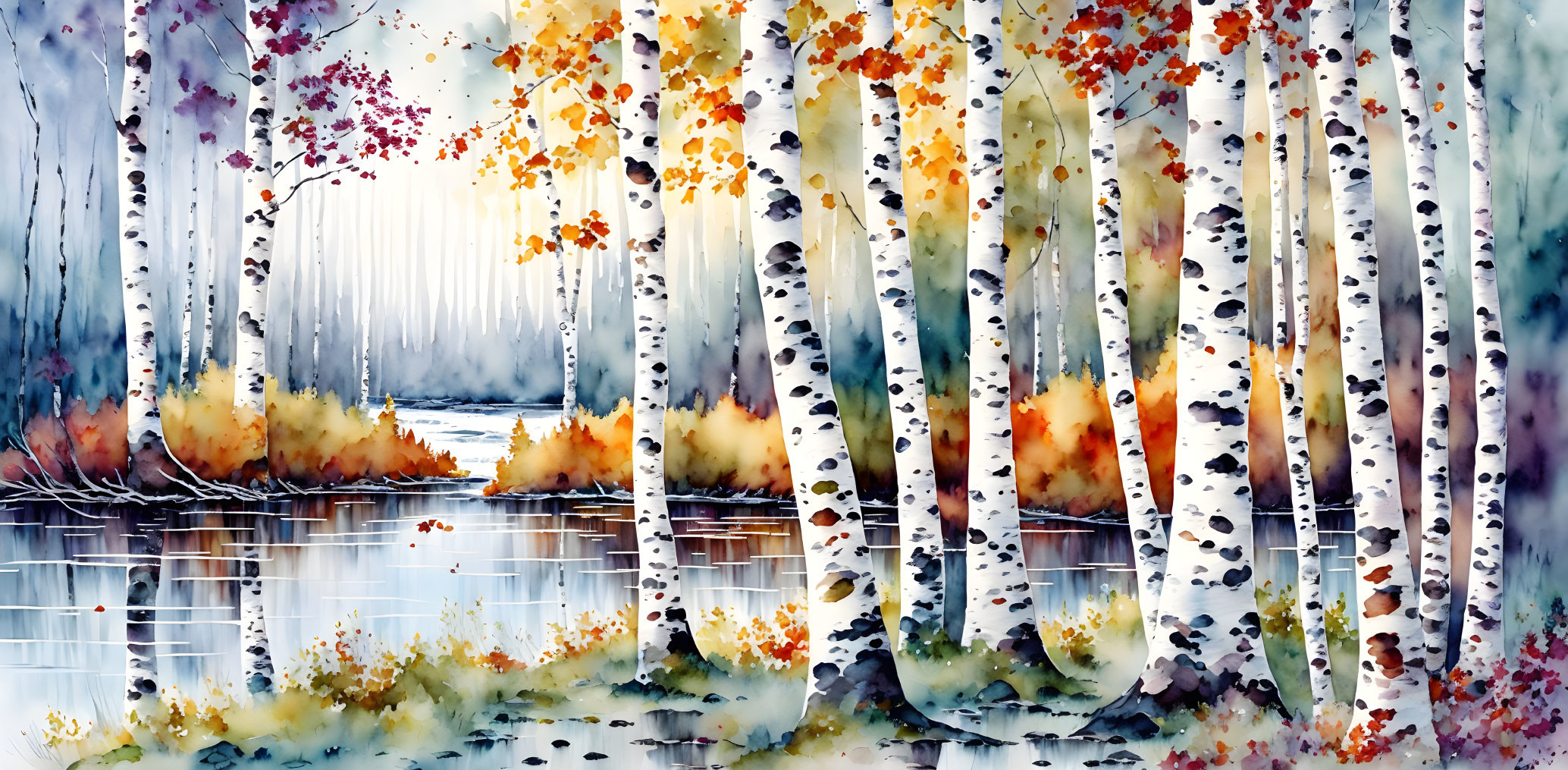 Colorful Watercolor Painting of Birch Tree Forest in Autumn