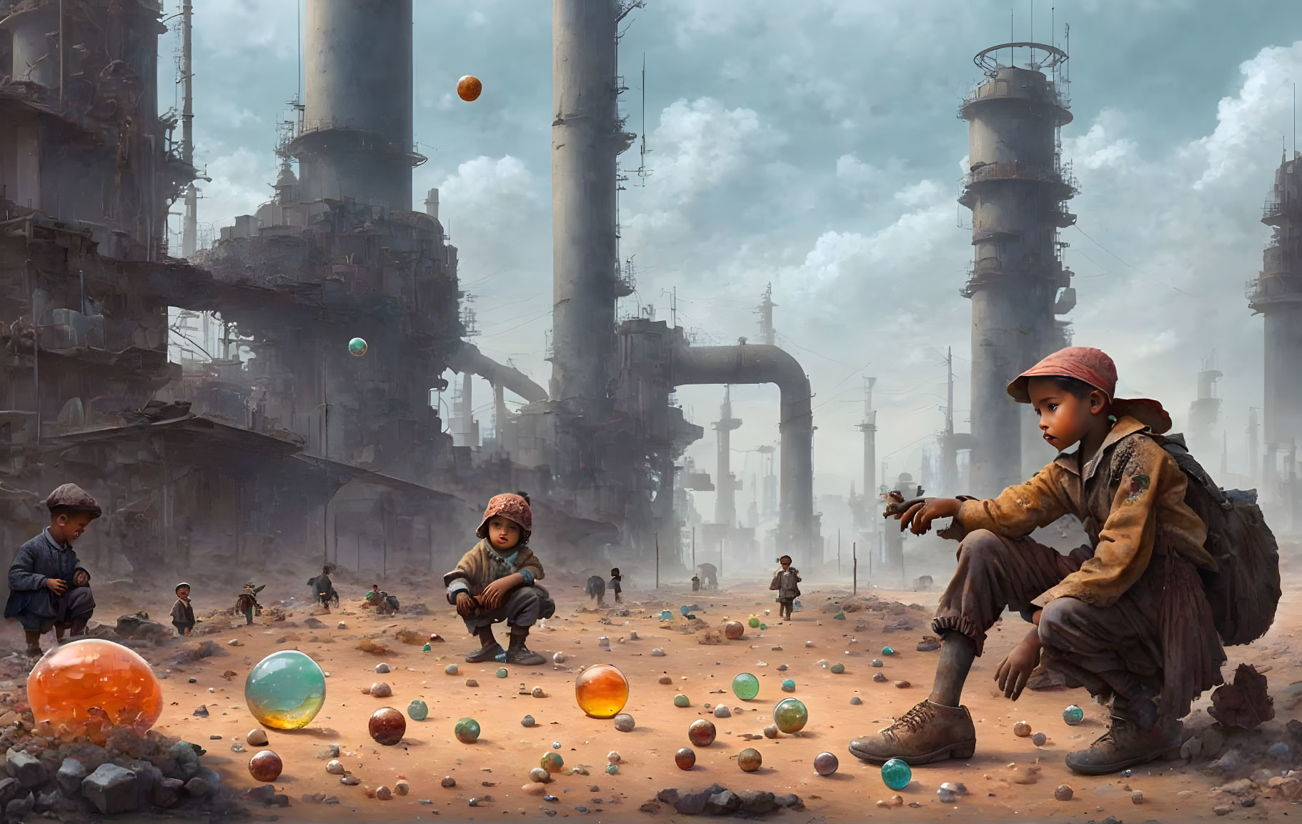 Children playing marbles in industrial ruins with floating spheres