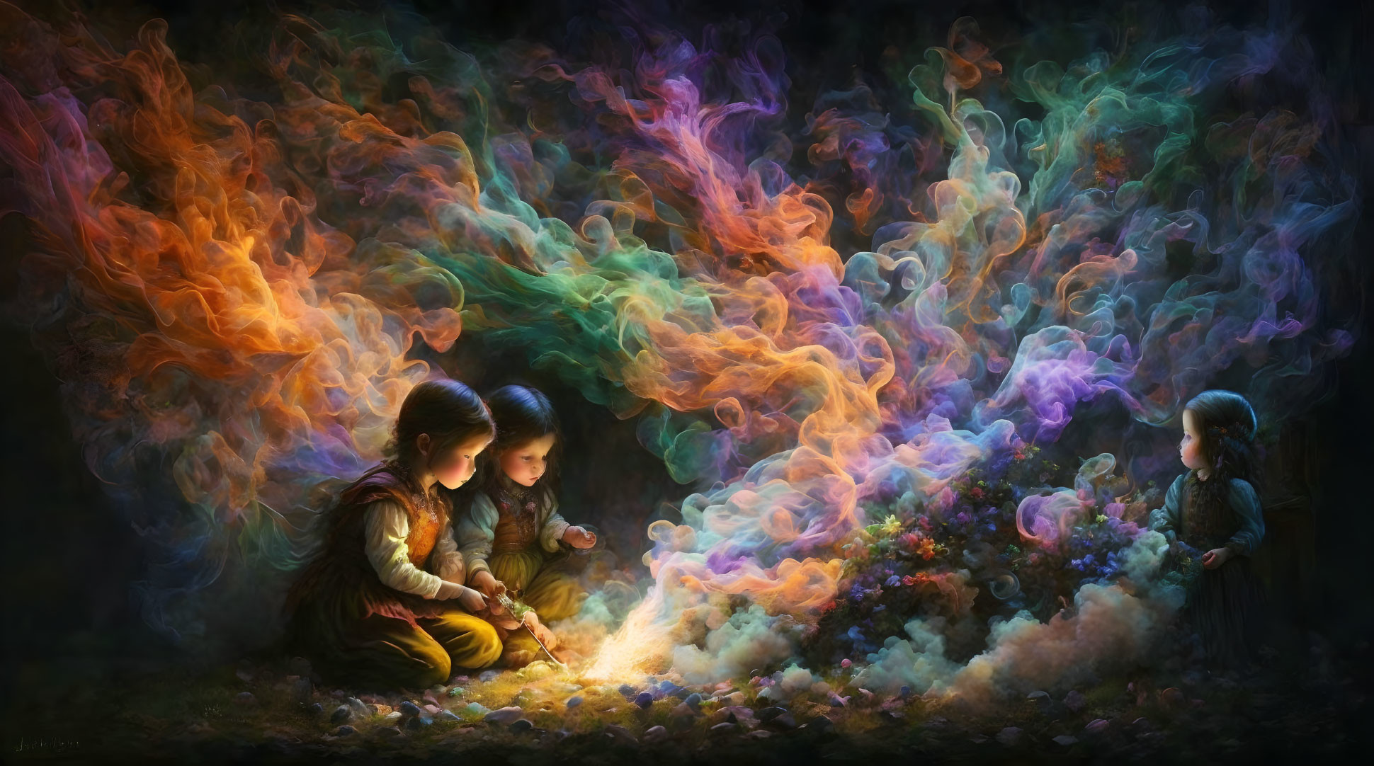 Enchanted children observe colorful, luminous smoke swirling from fire