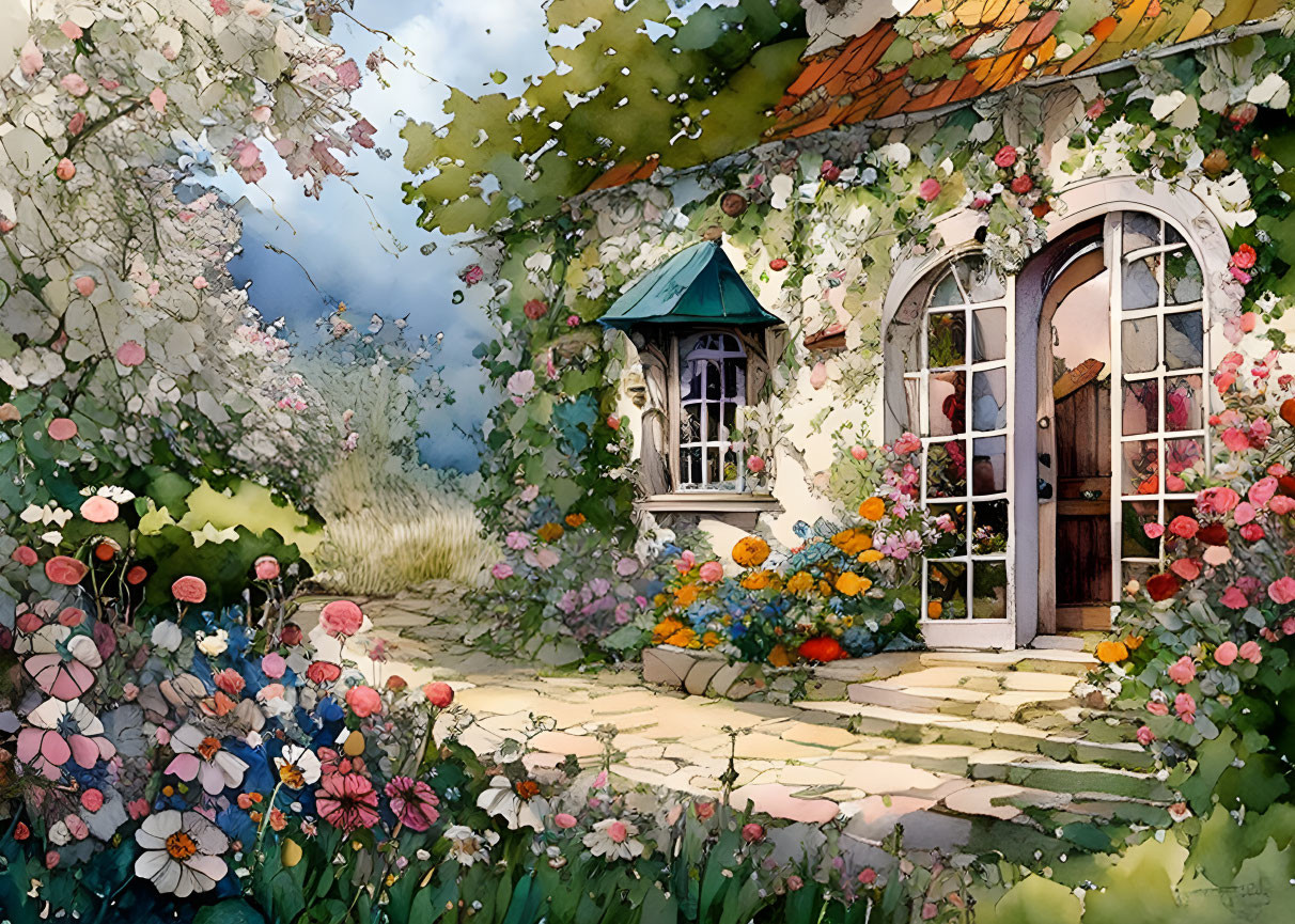 Charming cottage with flower-covered facade and arched door, set in vibrant garden scene.