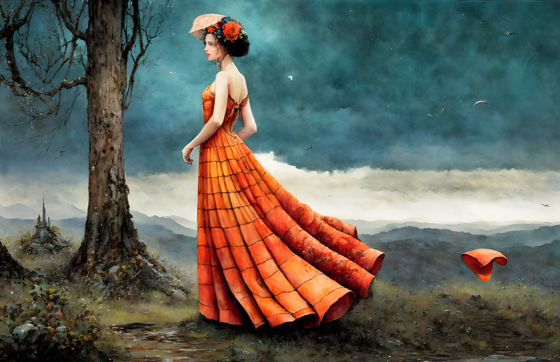 Woman in orange dress with roof tile pattern in surreal landscape with tree and mountains under stormy sky