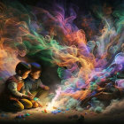 Enchanted children observe colorful, luminous smoke swirling from fire