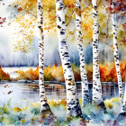 Colorful Watercolor Painting of Birch Tree Forest in Autumn