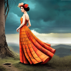 Woman in orange dress with roof tile pattern in surreal landscape with tree and mountains under stormy sky