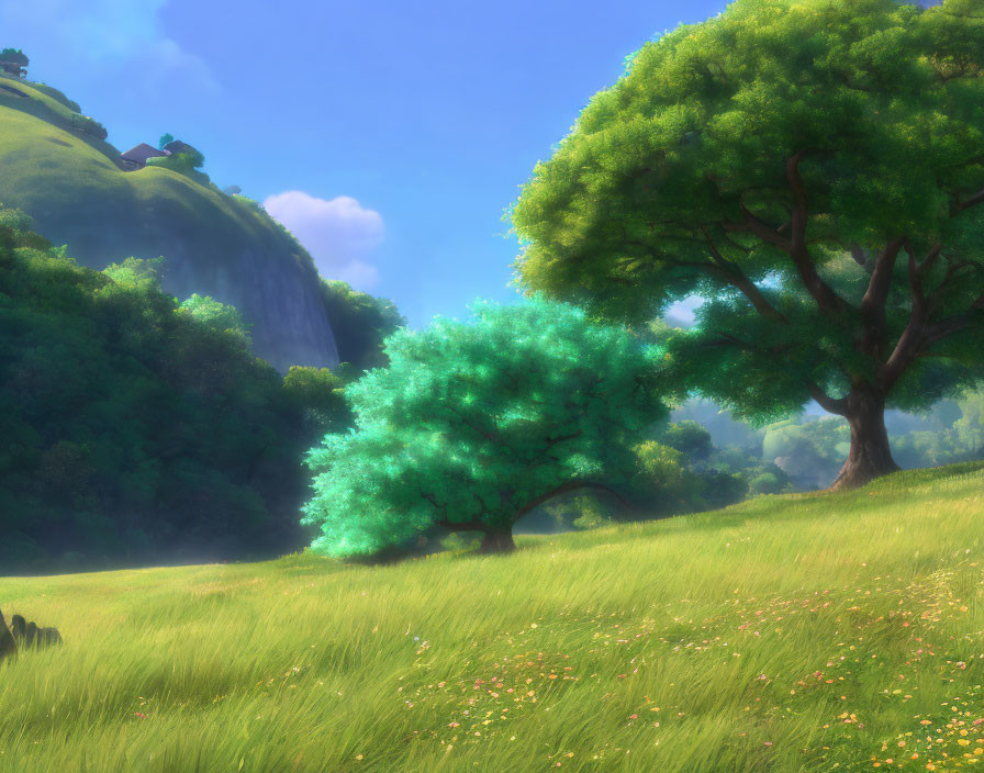 Vibrant trees and waterfall in lush green meadow with cottage hint