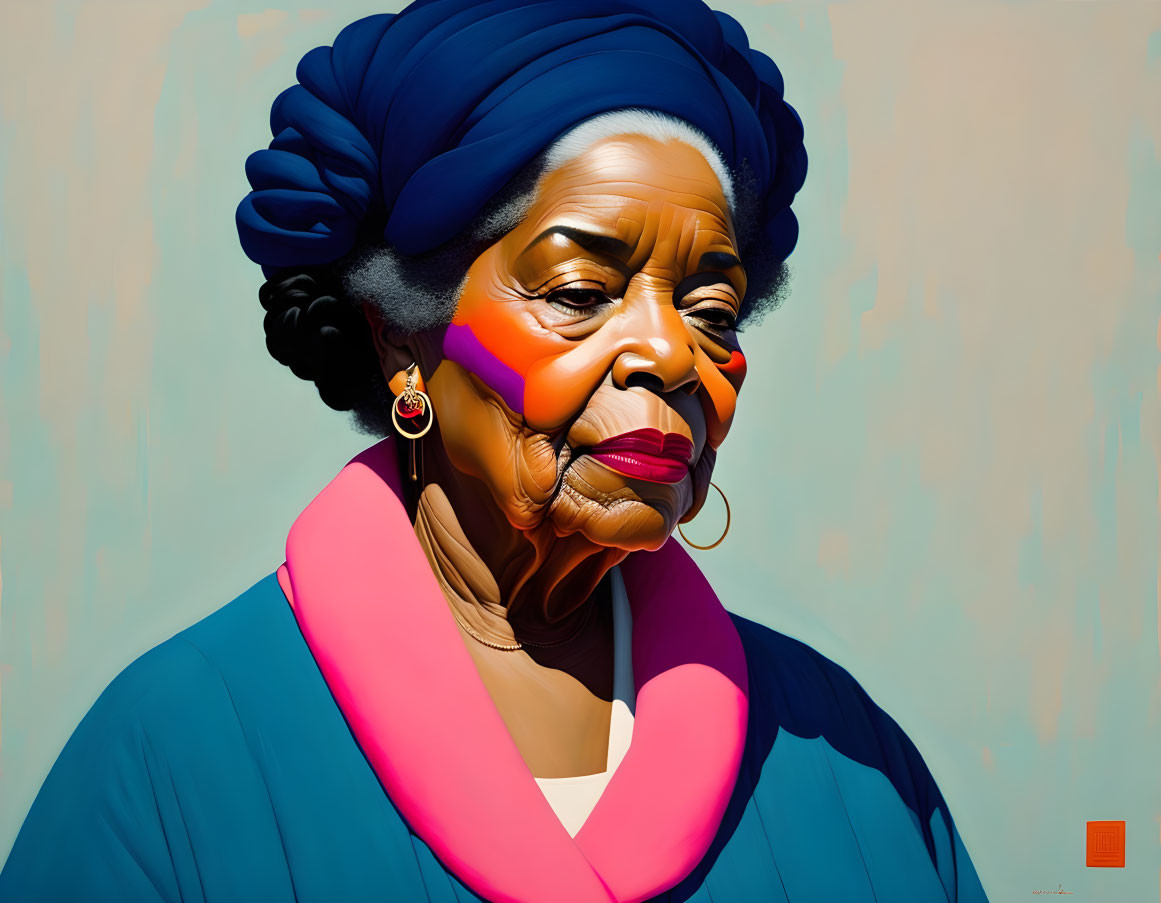 Colorful digital portrait of elderly woman with blue head wrap and pink scarf