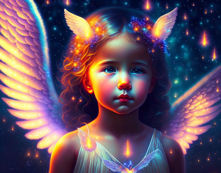 Young girl with angel wings in mystical blue background