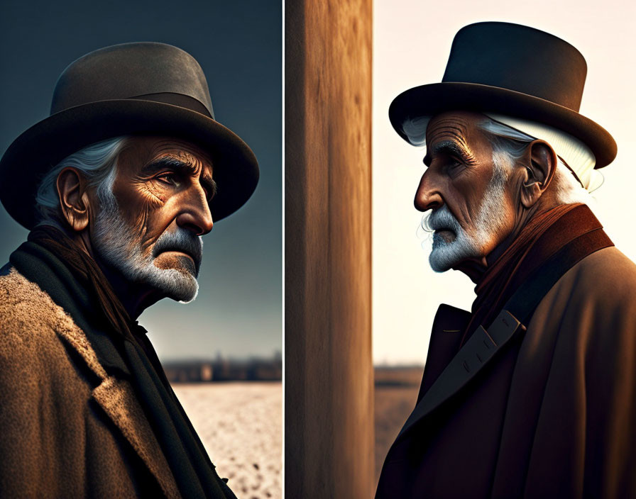 Elderly Man in White Beard with Hat and Coat in Side-by-Side Portraits