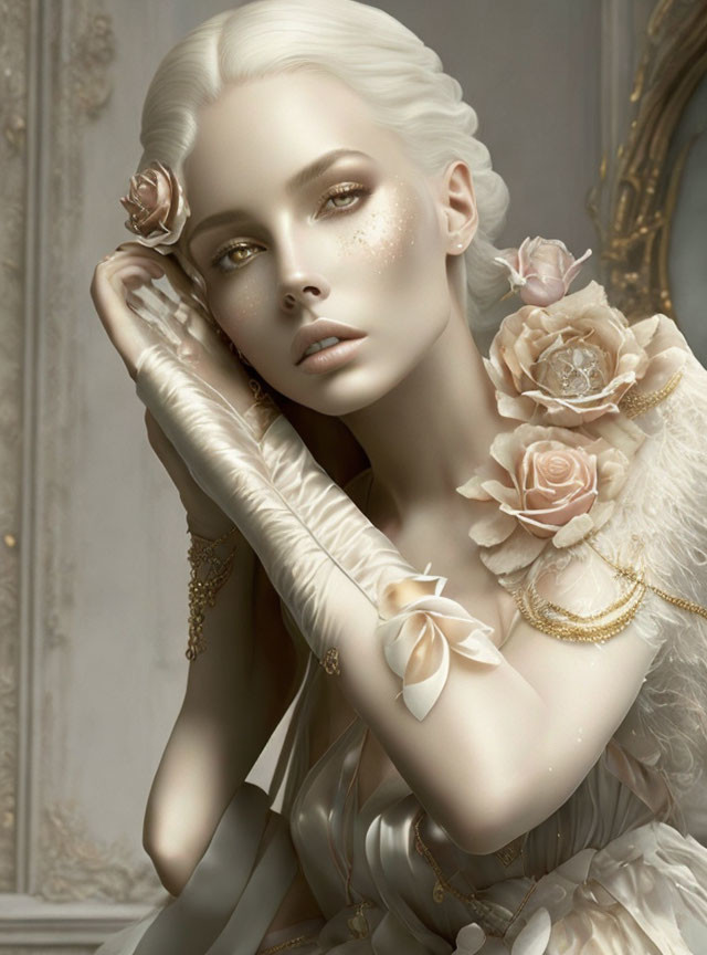 Digital artwork: Woman with porcelain skin, white hair, gold glitter, cream gown, roses, gloves